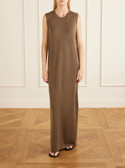 Image of Dresses. Product name - Oiva Silk Maxi Dress in Dark brown colour by brand - The Row