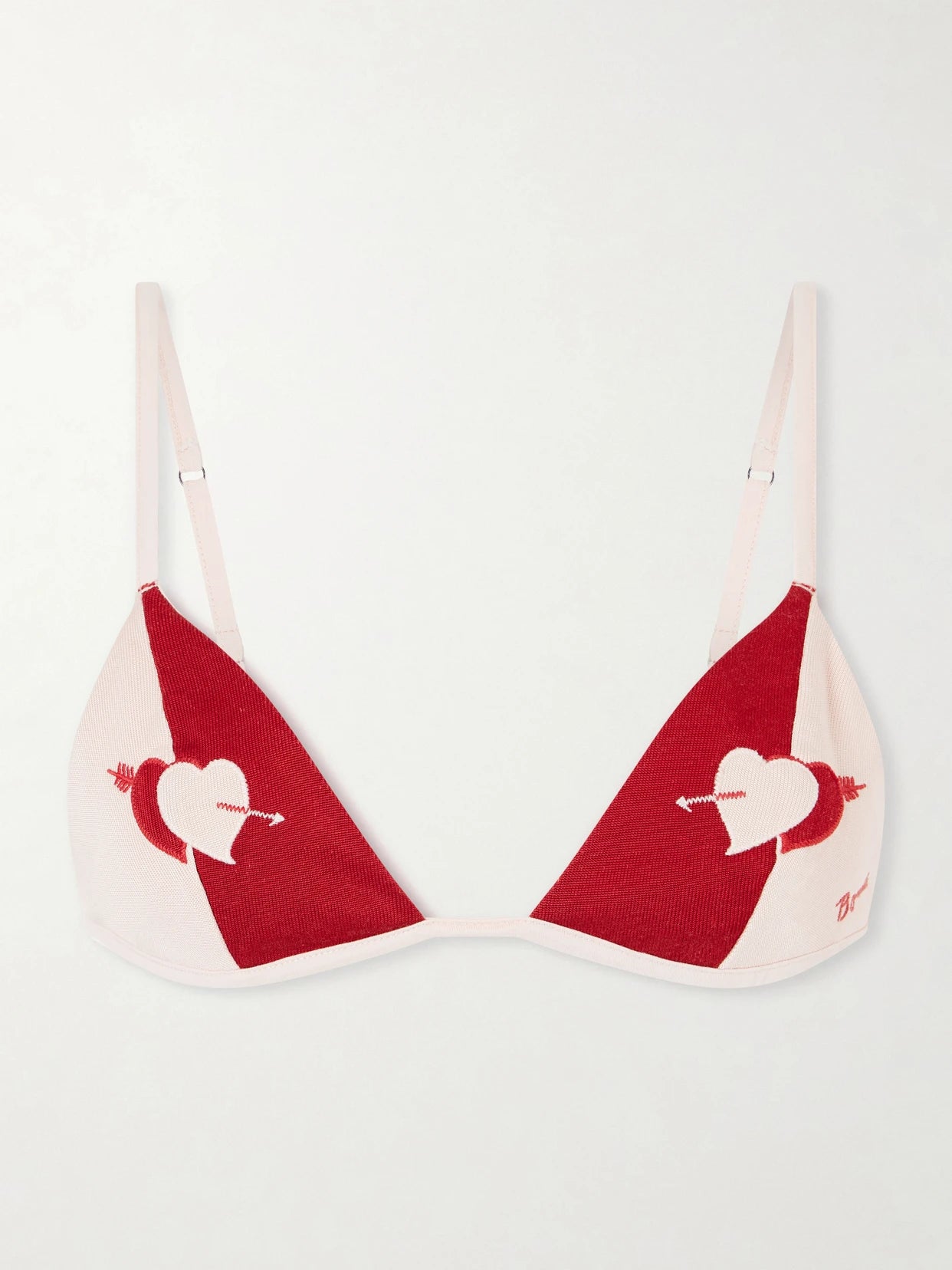 Image of Lingerie. Product name - Wonderland Two-tone Jacquard-knit Soft-cup Triangle Bra in Red colour by brand - BODE