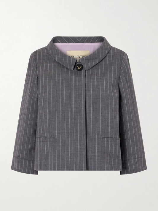 Image of Coats & Jackets. Product name - Striped Wool Grain De Poudre Jacket in Dark gray colour by brand - Valentino Garavani