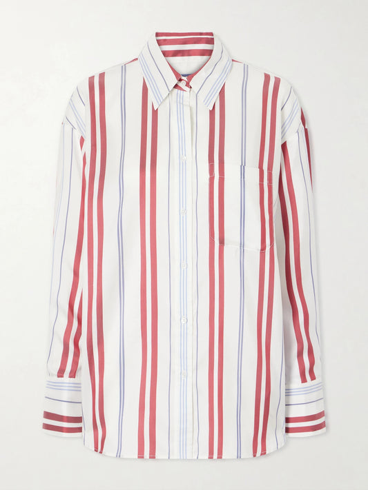 Image of a model wearing Tops. Product name - Big Joe Striped Silk Shirt in Blue colour by brand - TWP