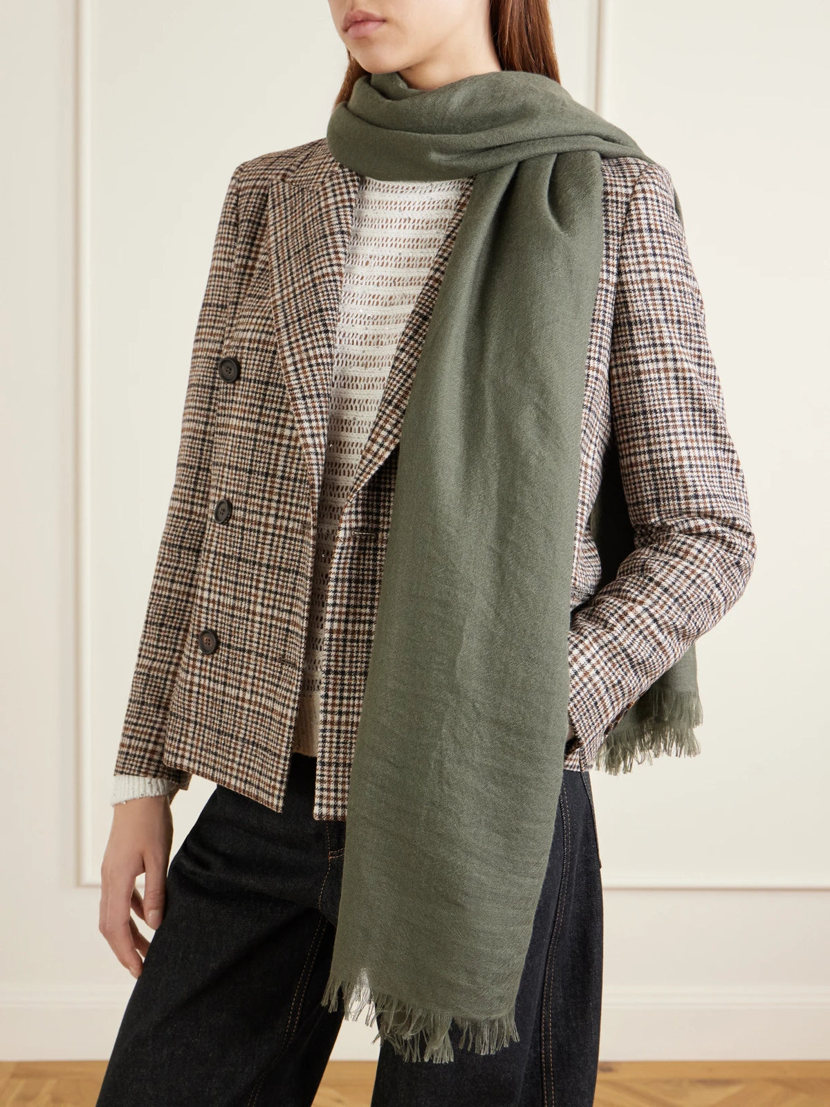 Image of Scarves & Shawls. Product name - Karakorum Cashmere And Silk-blend Scarf in Army green colour by brand - Brunello Cucinelli