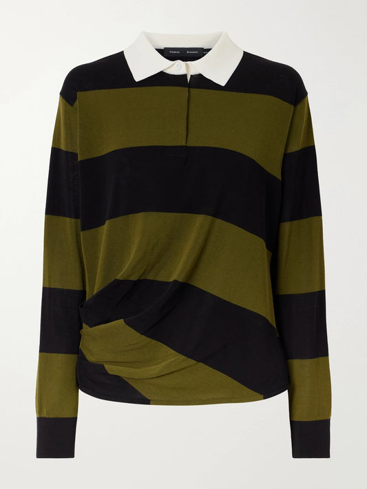 Image of a model wearing Tops. Product name - Corinna Striped Cotton-knit Polo Shirt in Dark green colour by brand - Proenza Schouler
