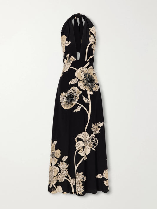 Johanna Ortiz Embellished Floral-print Silk-charmeuse Halterneck Maxi Dress