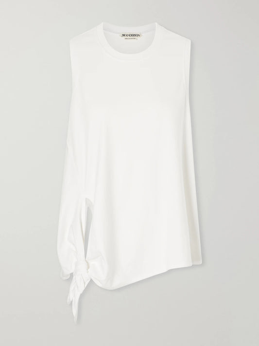 Image of a model wearing Tops. Product name - Knotted Logo-embroidered Cotton-jersey Tank in White colour by brand - JW Anderson