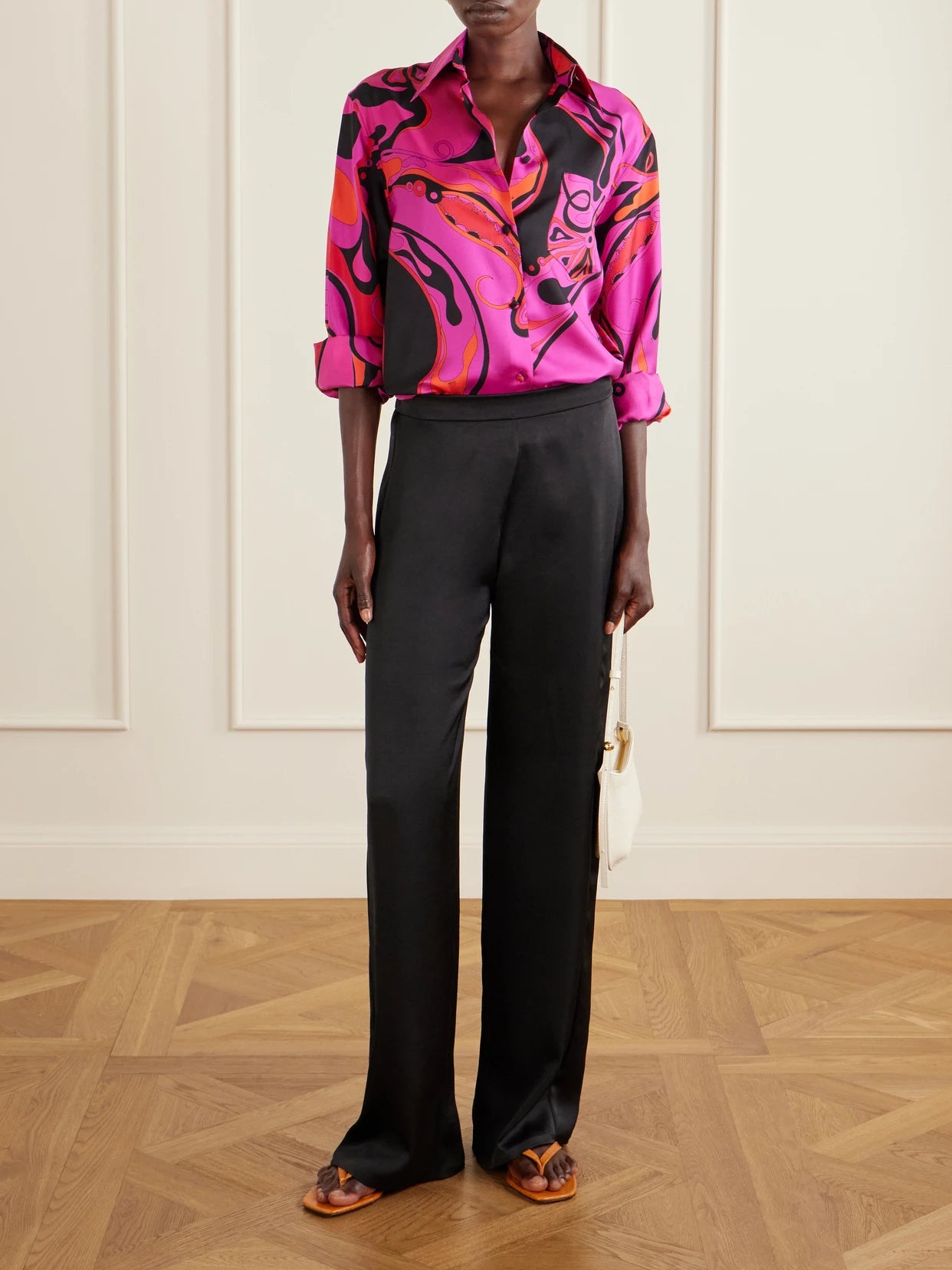 Image of a model wearing Tops. Product name - Printed Silk Twill Shirt in Bright pink colour by brand - PUCCI
