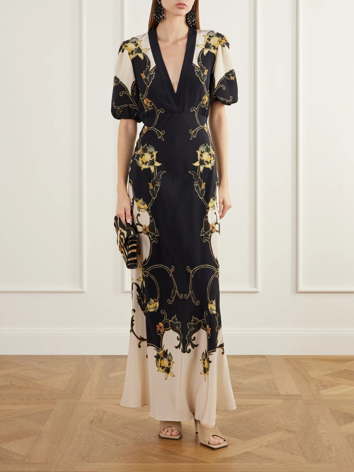 Image of Dresses. Product name - Marlene Floral-print Silk-crepe Maxi Dress in Black colour by brand - La DoubleJ