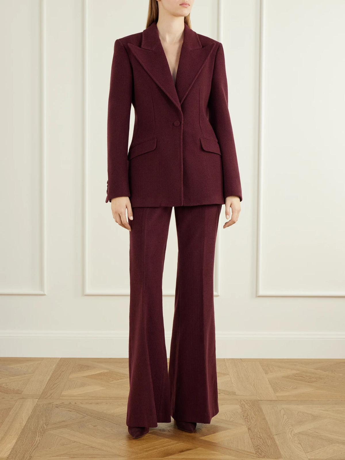 Image of a model wearing Outerwear. Product name - Leiva Cashmere And Wool-blend Blazer in Plum colour by brand - Gabriela Hearst