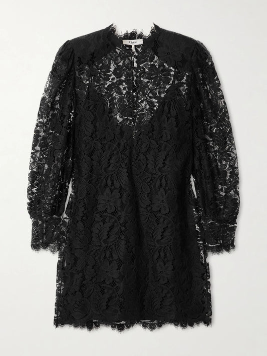 Image of Dresses. Product name - Floral Cotton-blend Lace Mini Dress in Black colour by brand - Chloé
