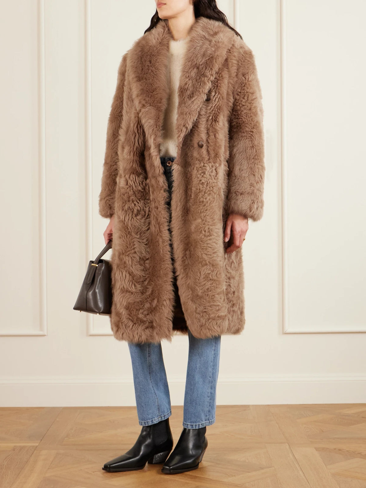 Image of Coats & Jackets. Product name - Oversized Shearling Double-breasted Coat in Sand colour by brand - Brunello Cucinelli