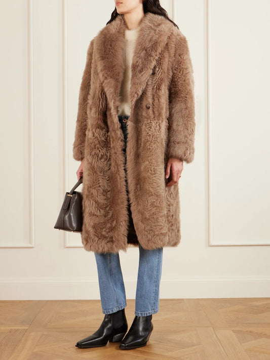 Image of Coats & Jackets. Product name - Oversized Shearling Double-breasted Coat in Sand colour by brand - Brunello Cucinelli