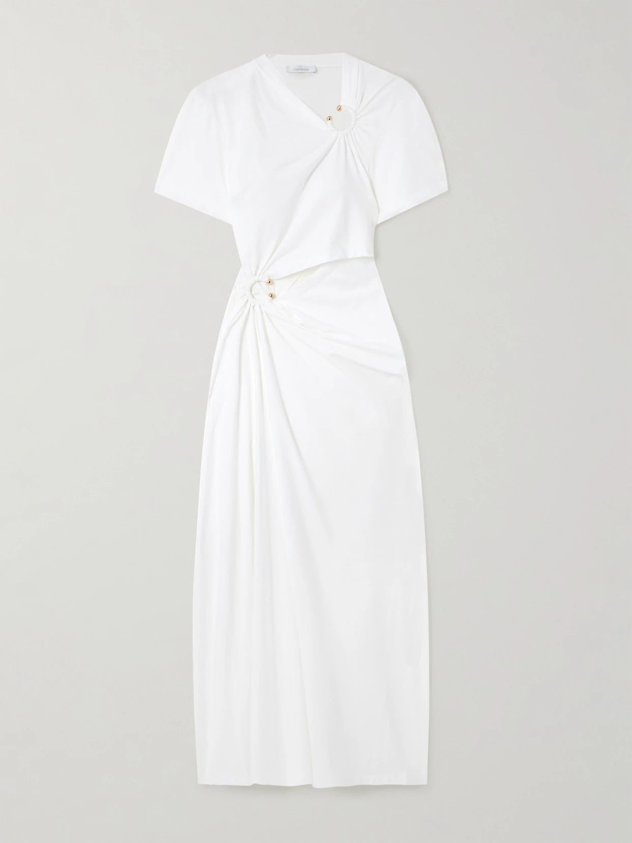 Image of Dresses. Product name - Embellished Cutout Jersey Midi Dress in White colour by brand - RABANNE