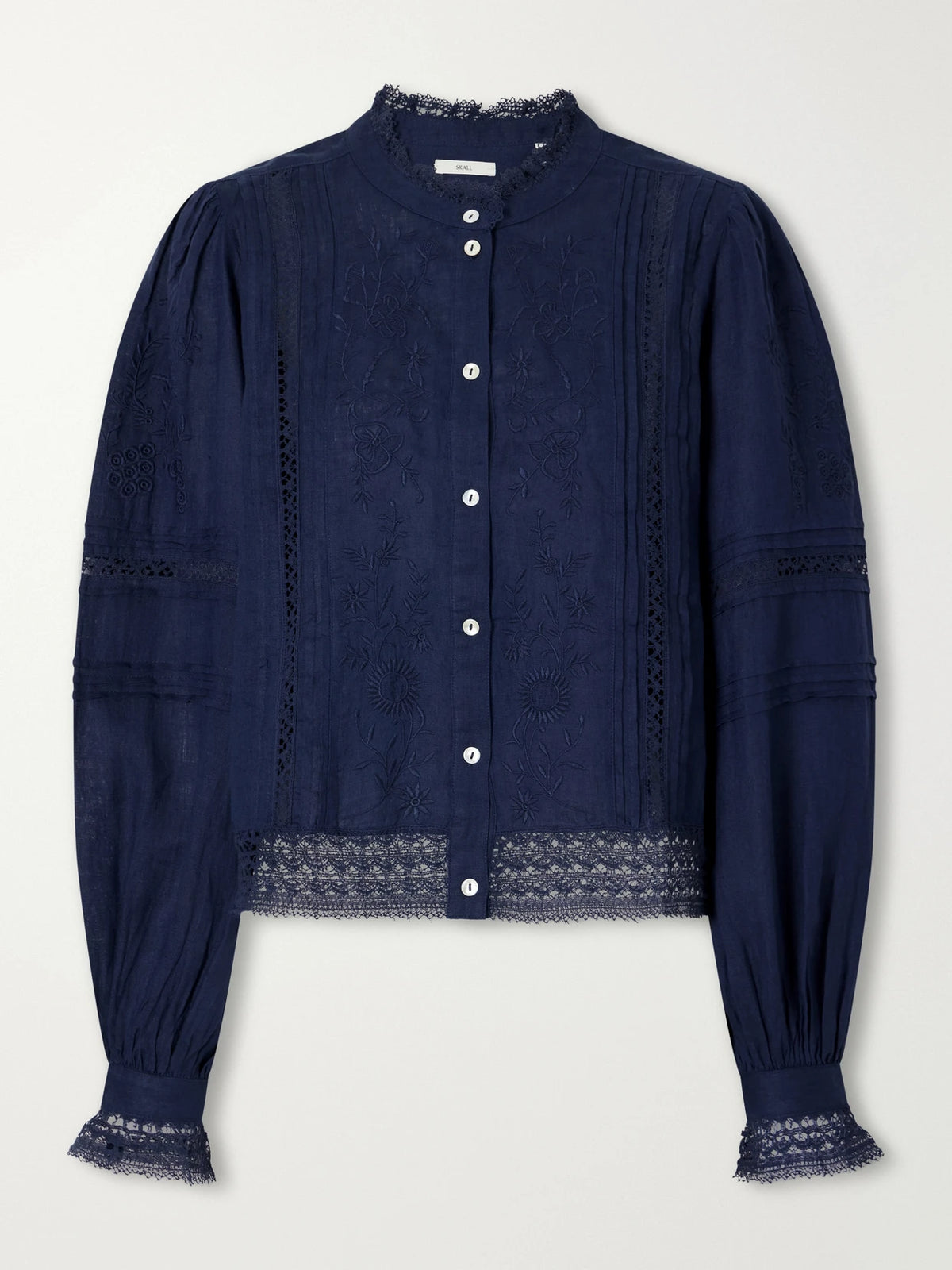 SKALL Velina Gathered Floral-embroidered Lace-trimmed Linen-twill Blouse