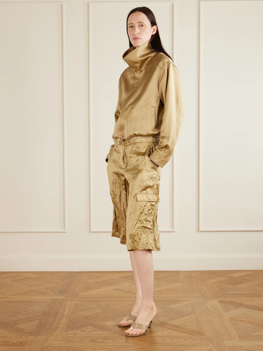 Image of a model wearing Shorts. Product name - Bromer Crinkled-satin Straight-leg Shorts in Beige colour by brand - AFLALO