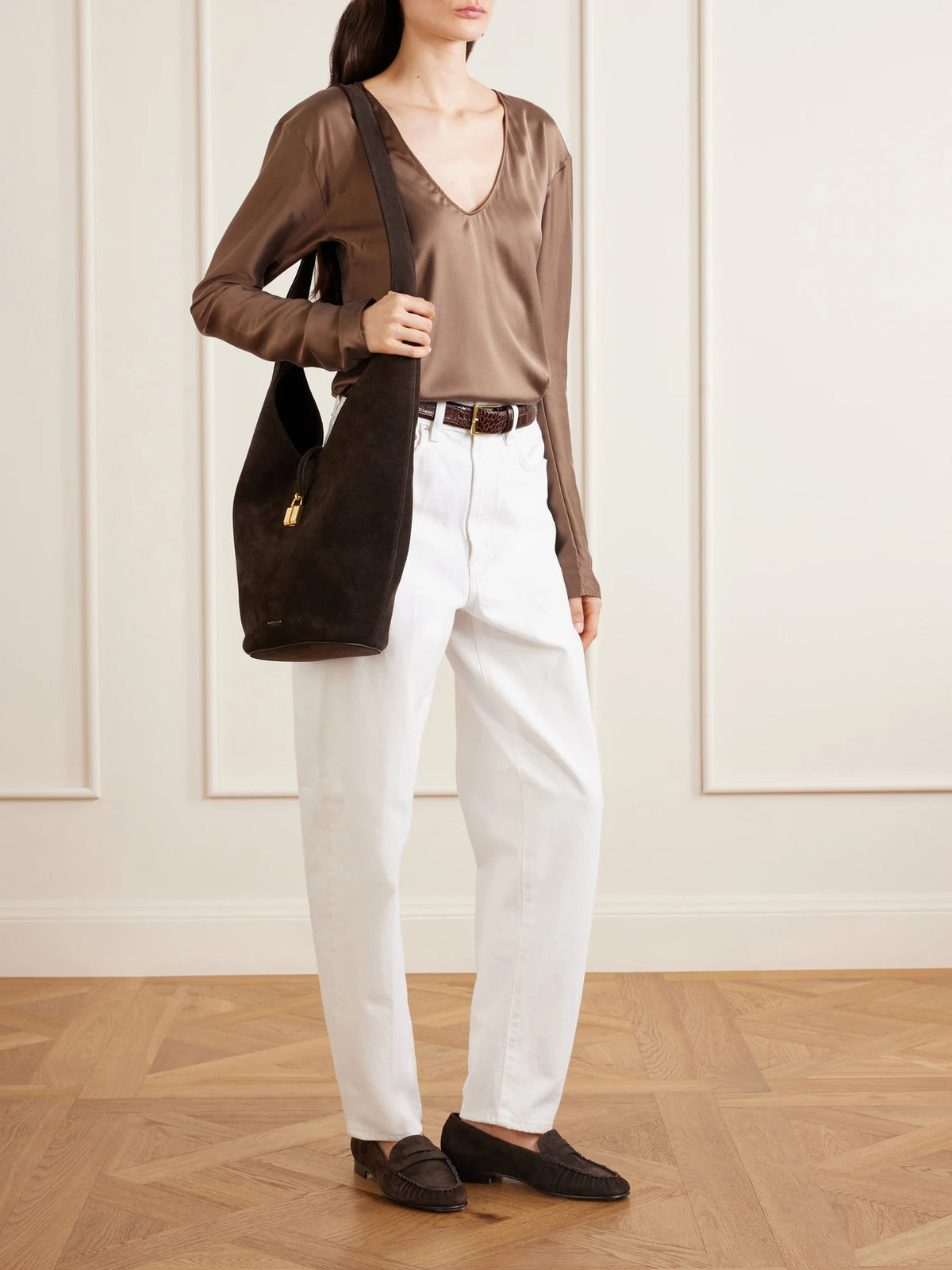 Image of Flats. Product name - Aldous Suede Penny Loafers in Chocolate colour by brand - Aeyde