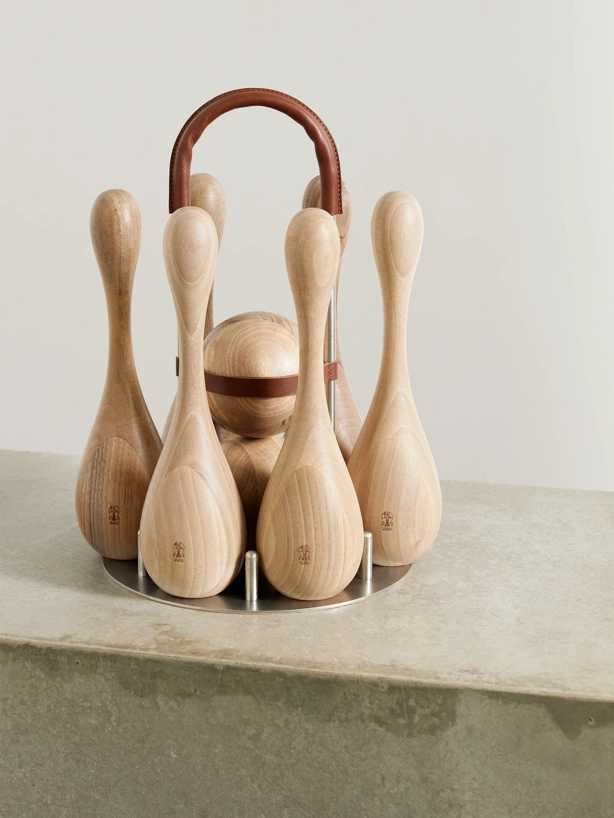 Leather-trimmed Wood Skittles Set