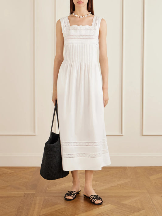 Image of Dresses. Product name - Lalla Ruched Broderie Anglaise-trimmed Cotton-poplin Maxi Dress in White colour by brand - Loretta Caponi