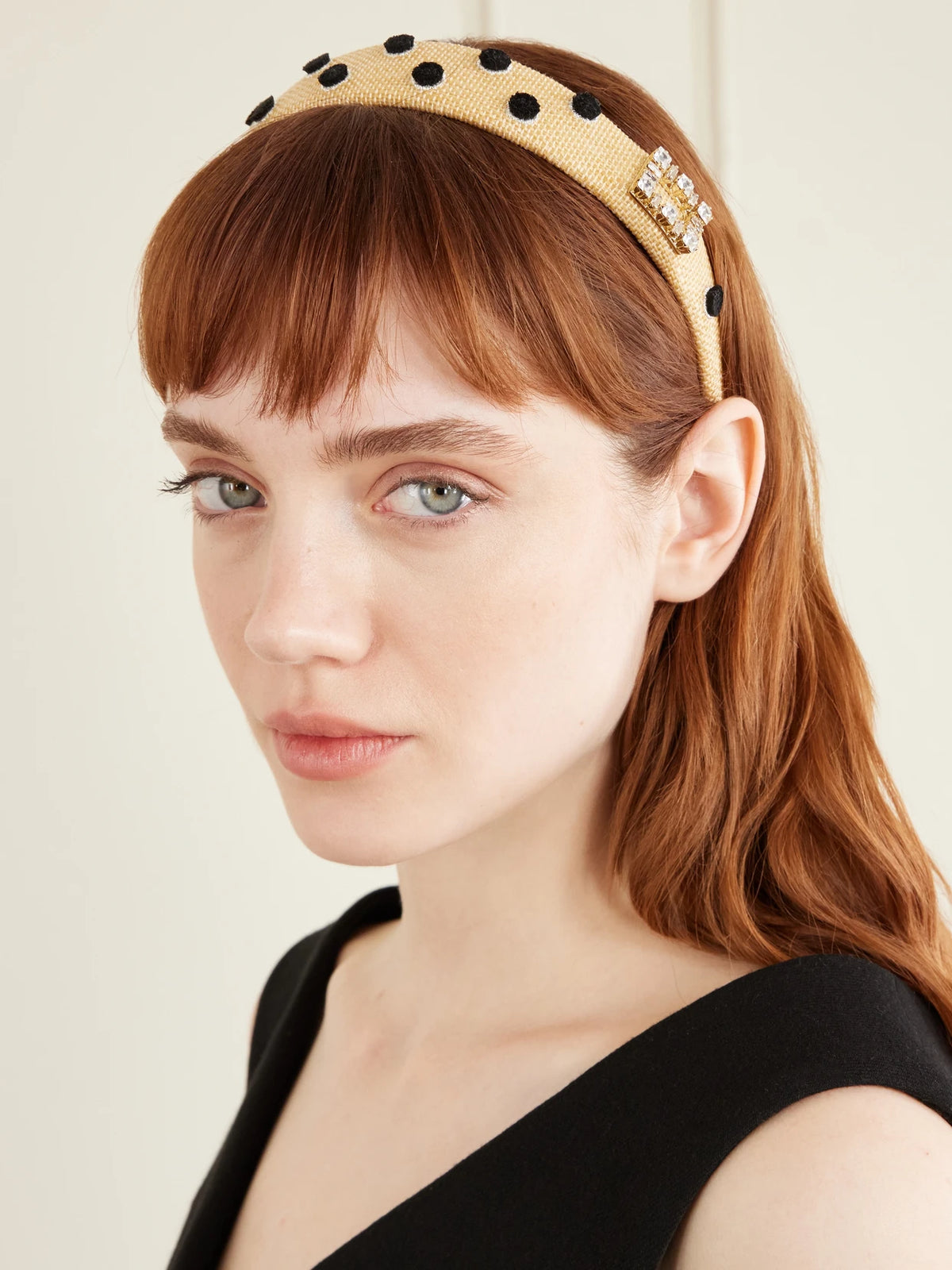 Image of Accessories. Product name - Embellished Polka-dots Raffia Headband in Neutral colour by brand - Roger Vivier