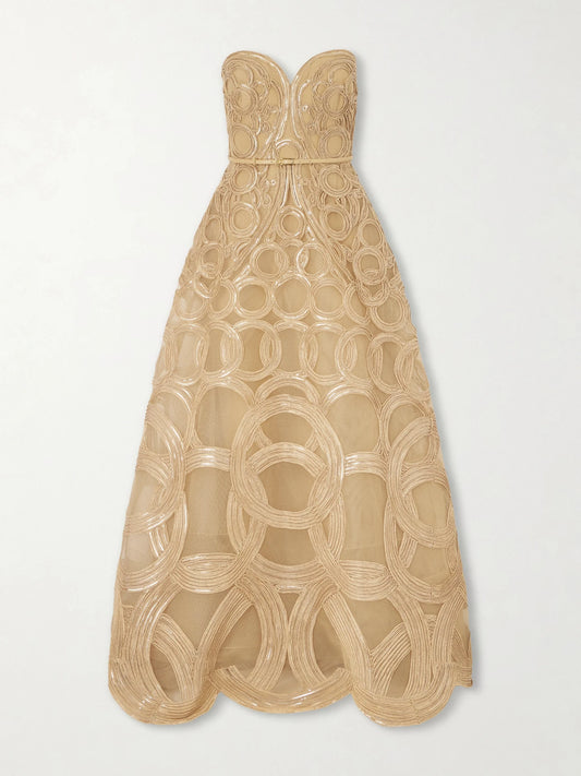 Image of Dresses. Product name - Strapless Sequin-embellished Raffia-trimmed Tulle Midi Dress in Beige colour by brand - Elie Saab