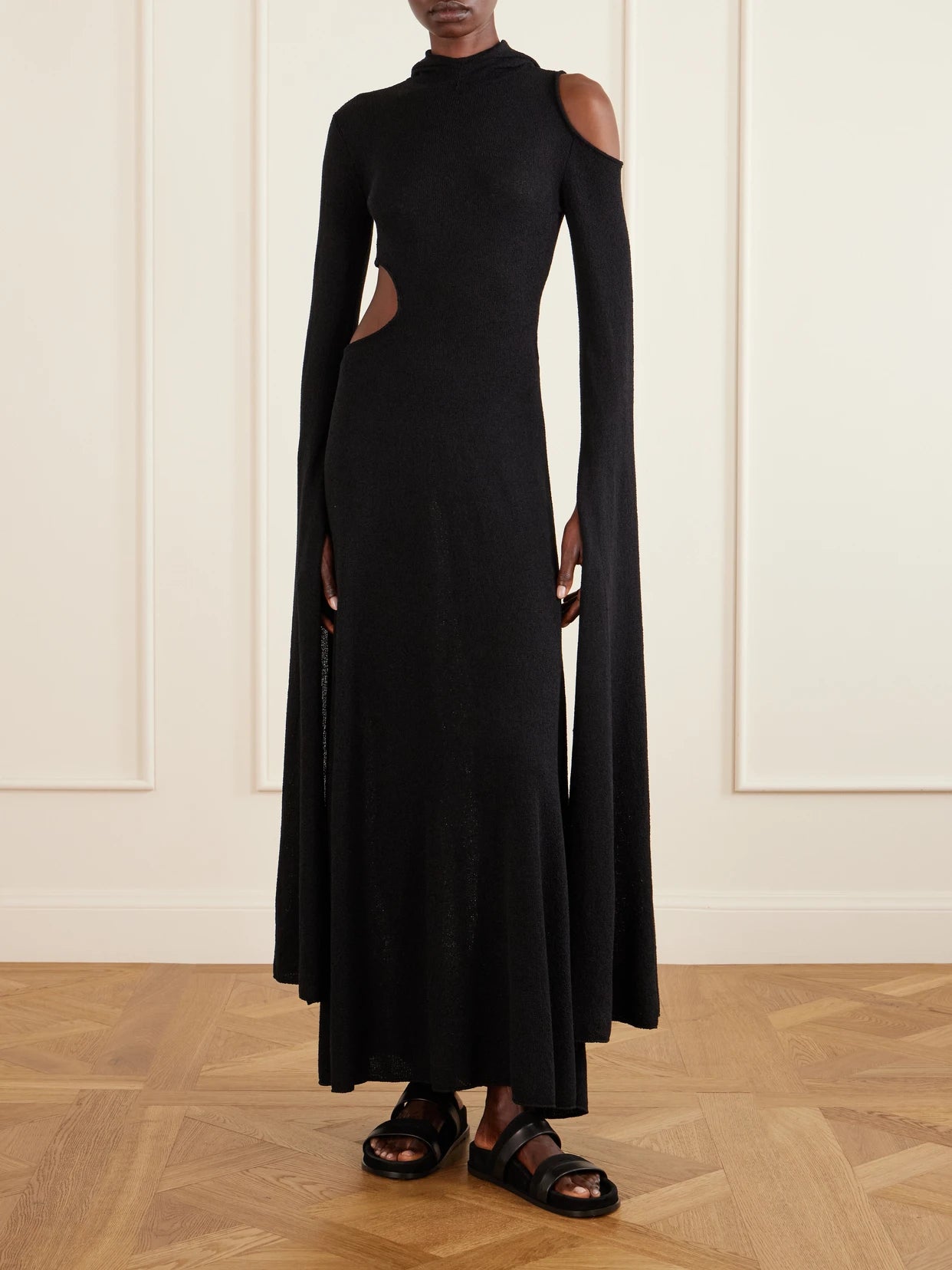 Image of Dresses. Product name - Daya Hooded Cutout Silk Maxi Dress in Black colour by brand - Gabriela Hearst