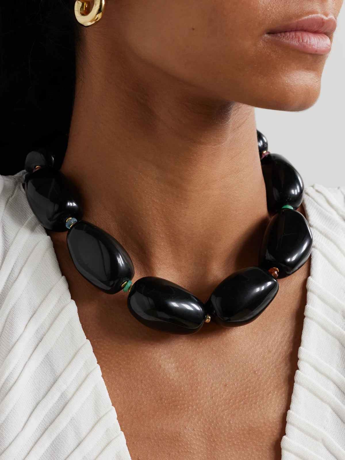 Image of Necklaces. Product name - Lobos Gold-plated Multi-stone Beaded Choker in Black colour by brand - Lizzie Fortunato