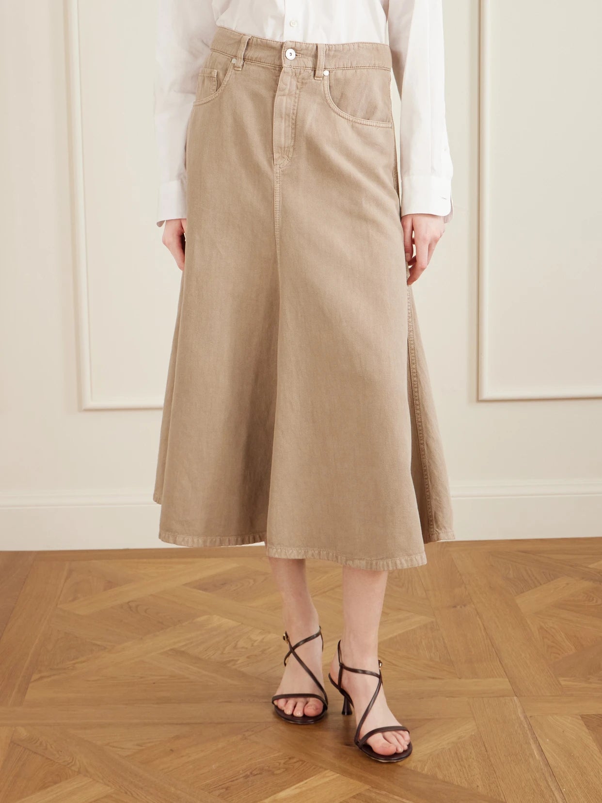 Cotton And Linen-blend Twill Midi Skirt