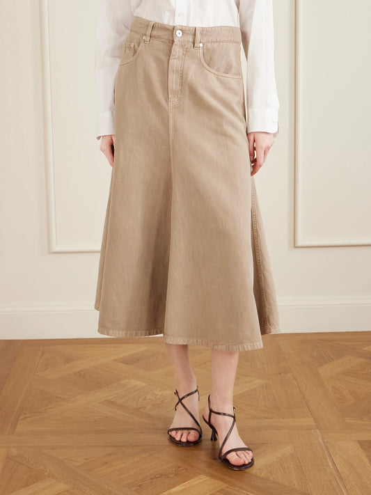 Cotton And Linen-blend Twill Midi Skirt
