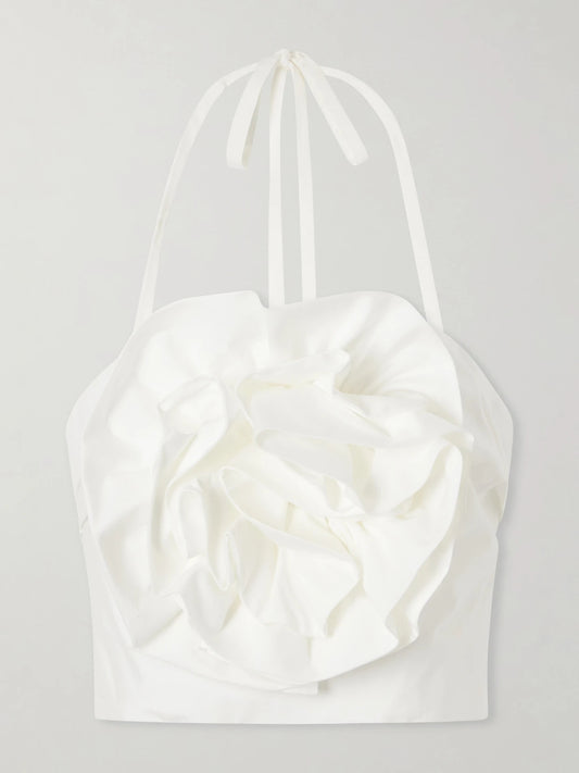 Floral-appliquéd Cotton-blend Halterneck Top