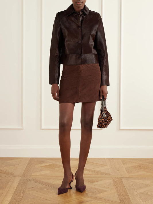 Image of Coats & Jackets. Product name - Hadley Calf Hair Jacket in Brown colour by brand - Nour Hammour