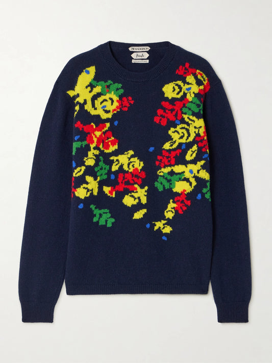 Image of a model wearing Outerwear. Product name - + Pringle Floral Intarsia-knit Cashmere Sweater in Navy colour by brand - JW Anderson