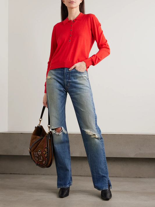Dea Embroidered Merino Wool Polo Sweater