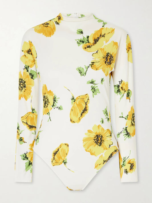 Image of a model wearing Tops. Product name - Floral-print Jersey Bodysuit in White colour by brand - Alaïa