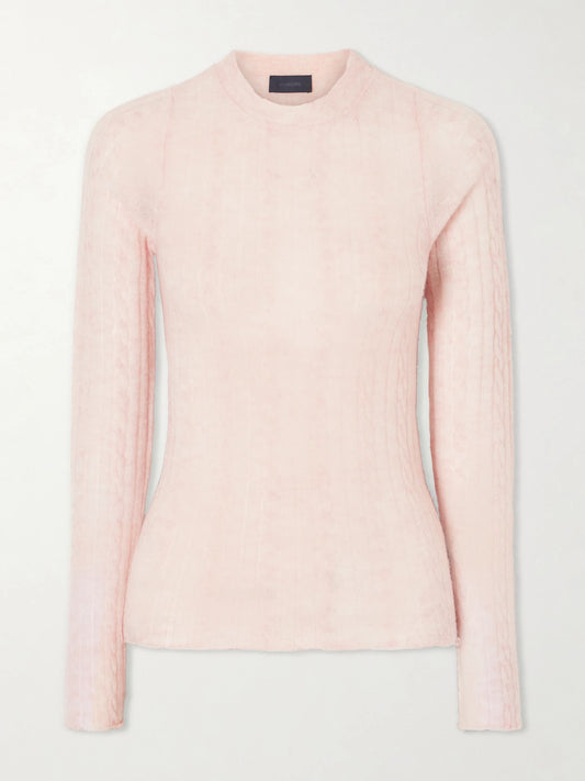 Image of a model wearing Outerwear. Product name - Sey Cable-knit Alpaca-blend Sweater in Pink colour by brand - Haikure