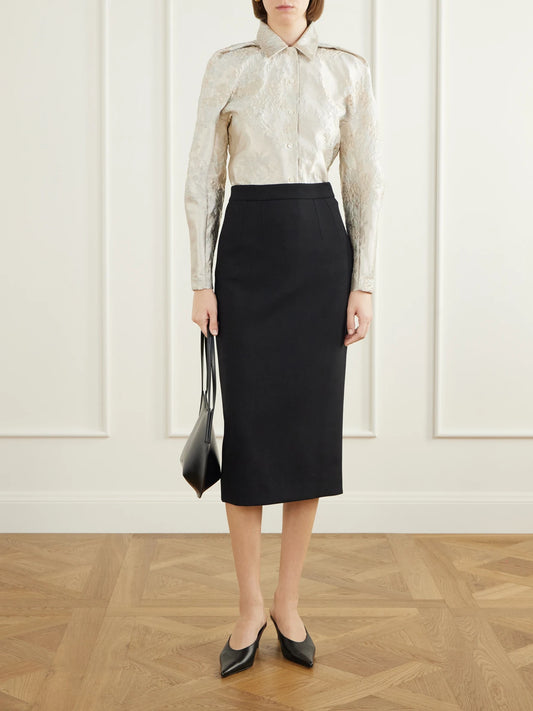 Image of a model wearing Tops. Product name - Floral-jacquard Shirt in Silver colour by brand - Jil Sander