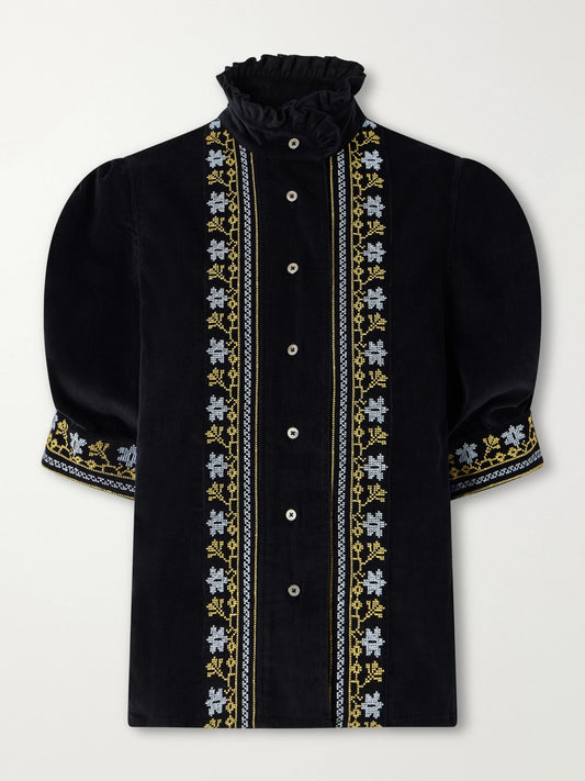 Thierry Colson Vita Embroidered Cotton And Wool-blend Corduroy Blouse