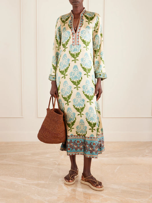 Image of Dresses. Product name - Jenna Printed Silk-voile Kaftan in Green colour by brand - Emporio Sirenuse