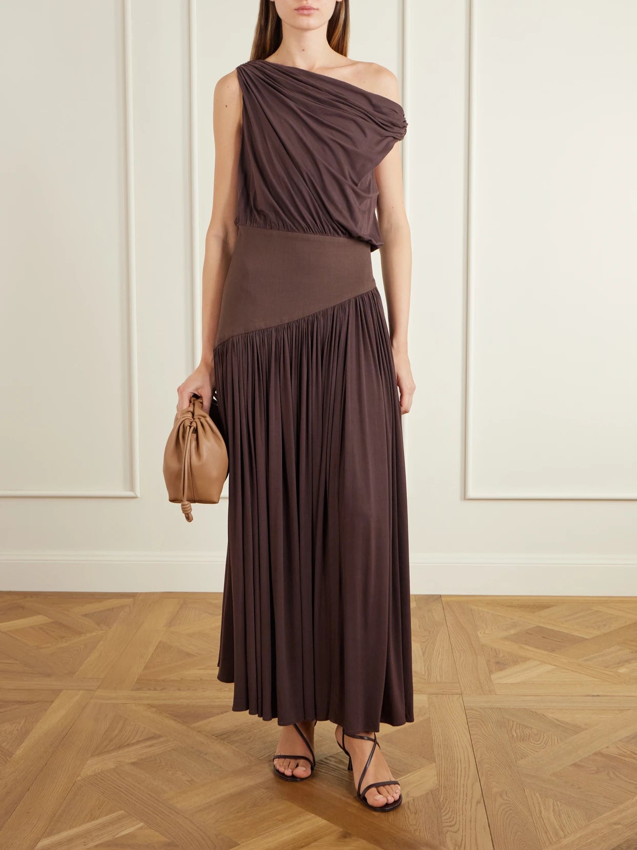 Image of Dresses. Product name - Gwen One-shoulder Asymmetric Draped Jersey-trimmed Stretch-bamboo Maxi Dress in Brown colour by brand - Abadia