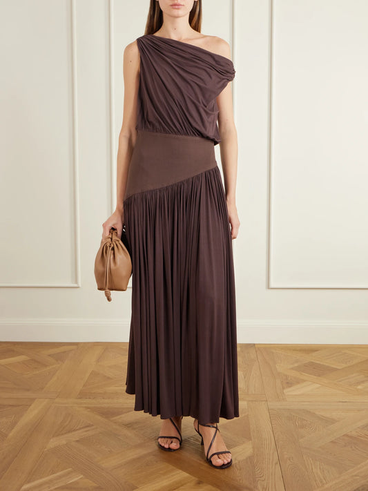 Image of Dresses. Product name - Gwen One-shoulder Asymmetric Draped Jersey-trimmed Stretch-bamboo Maxi Dress in Brown colour by brand - Abadia