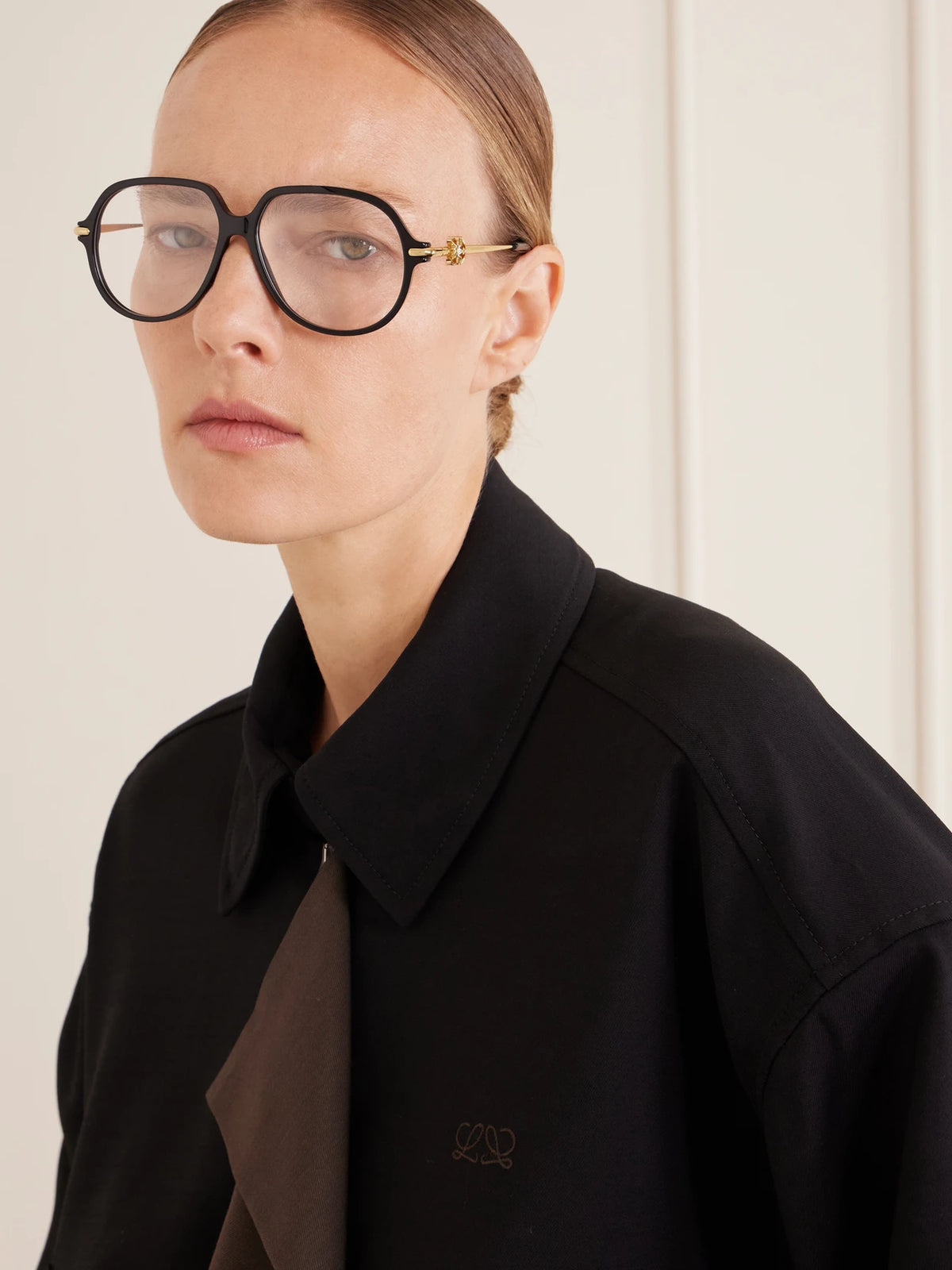 Image of Accessories. Product name - Anagram Pilot Round-frame Gold-tone Acetate Glasses in Black colour by brand - Loewe