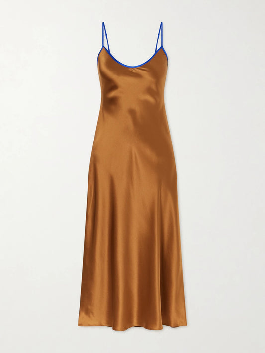 Image of Dresses. Product name - Bias Silk-charmeuse Slip Midi Dress in Dark brown colour by brand - Comme Si