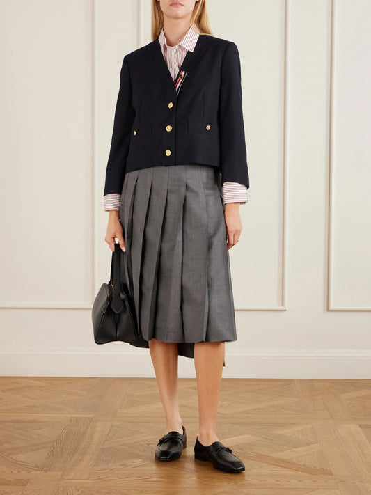 Image of Coats & Jackets. Product name - Cropped Virgin Wool-hopsack Jacket in Navy colour by brand - Thom Browne