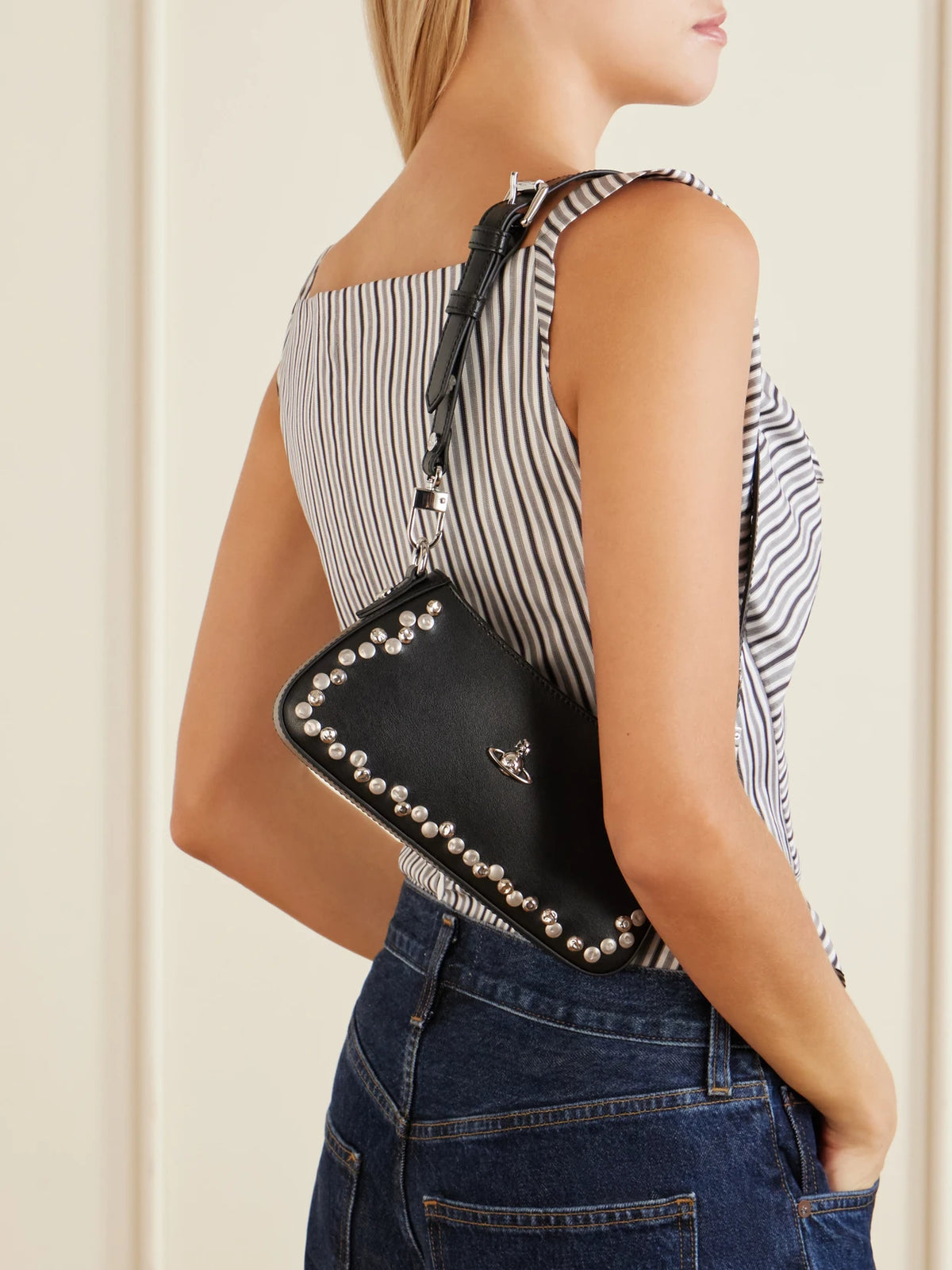 Image of Bags. Product name - Tasha Logo-embellished Studded Leather Shoulder Bag in Black colour by brand - Vivienne Westwood