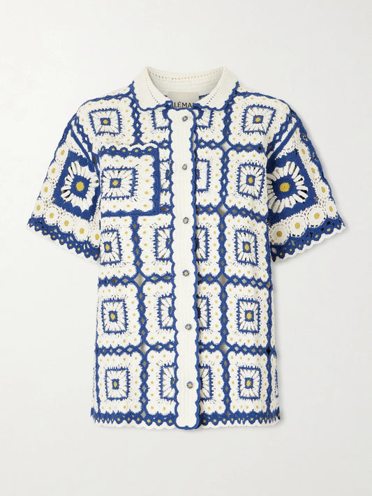 Image of a model wearing Tops. Product name - Dolly Crochet Cotton Shirt in Blue colour by brand - ALÉMAIS