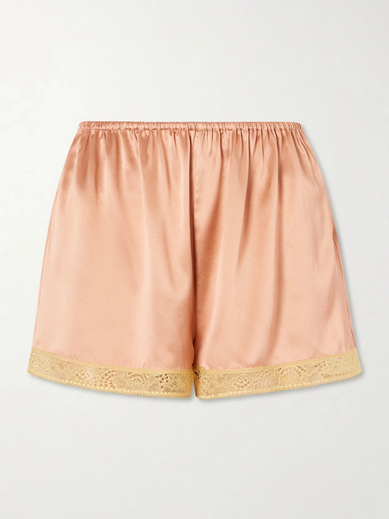 Image of a model wearing Shorts. Product name - Pretty Lace-trimmed Silk-satin Shorts in Pink colour by brand - Eres