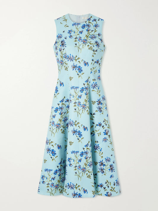 Image of Dresses. Product name - Floral-print Faille Midi Dress in Light blue colour by brand - Emilia Wickstead