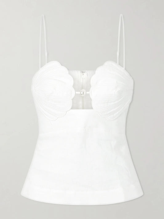 Image of a model wearing Tops. Product name - Shell Peplum Linen Blouse in Off-white colour by brand - Farm Rio