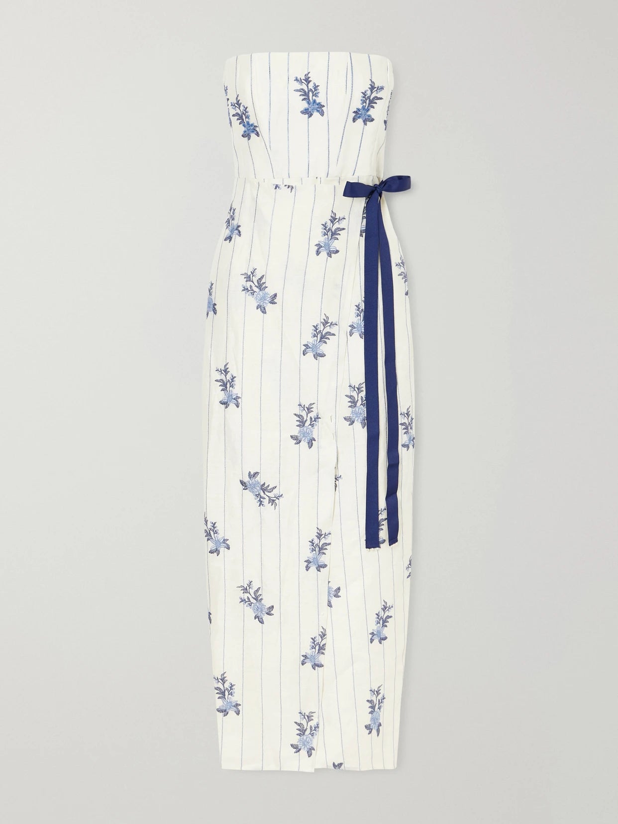 Image of Dresses. Product name - Cinefila Striped Embellished Linen Midi Dress in Cream colour by brand - Agua by Agua Bendita