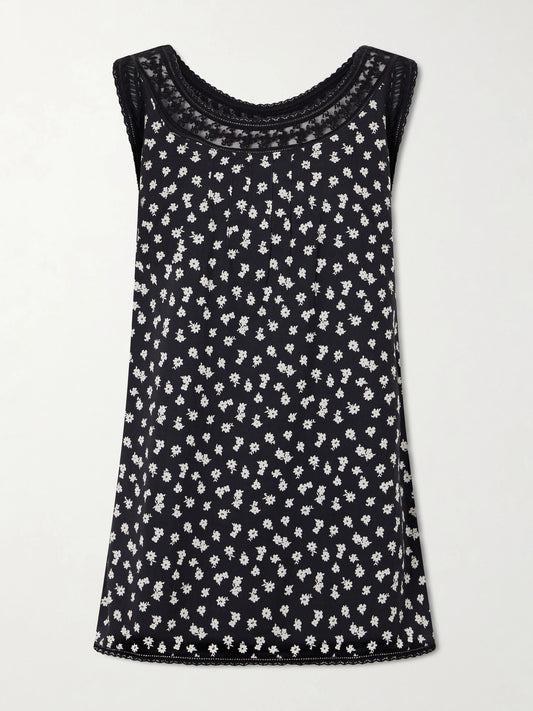 Image of Dresses. Product name - Danielle Floral-print Lace-trimmed Cotton Mini Dress in Black colour by brand - Posse