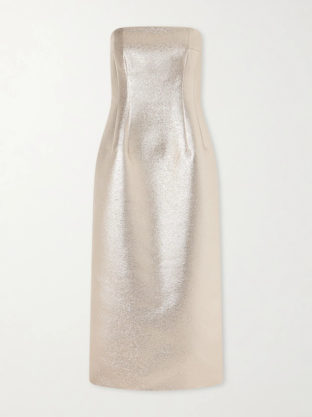 Image of Dresses. Product name - Leila Strapless Metallic Cloque Midi Dress in Multi colour by brand - Emilia Wickstead