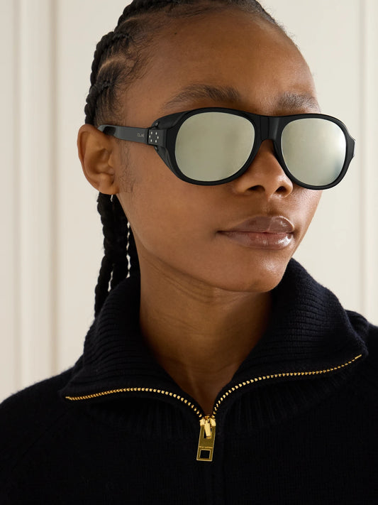Image of Sunglasses. Product name - Aviator-style Leather-trimmed Acetate Sunglasses in Black colour by brand - CELINE Eyewear
