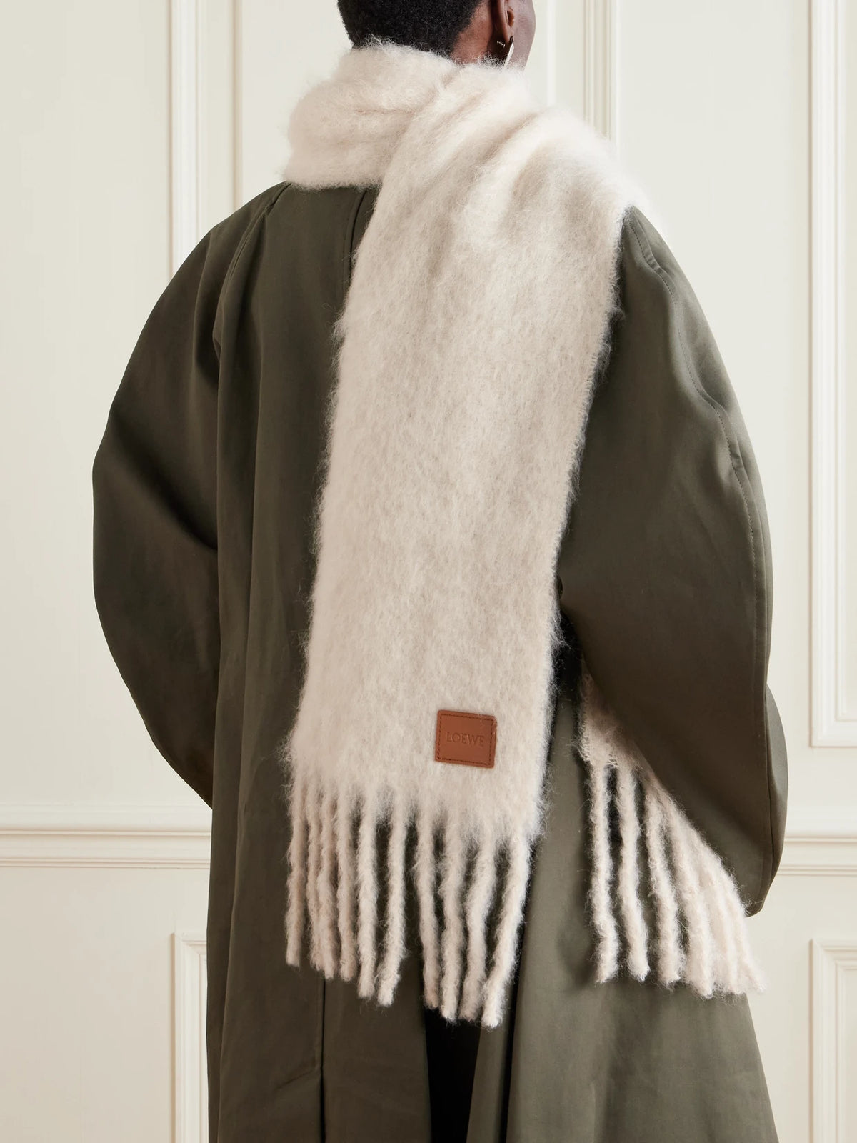 Image of Scarves & Shawls. Product name - Fringed Appliquéd Leather-trimmed Brushed Mohair-blend Scarf in Off-white colour by brand - LOEWE